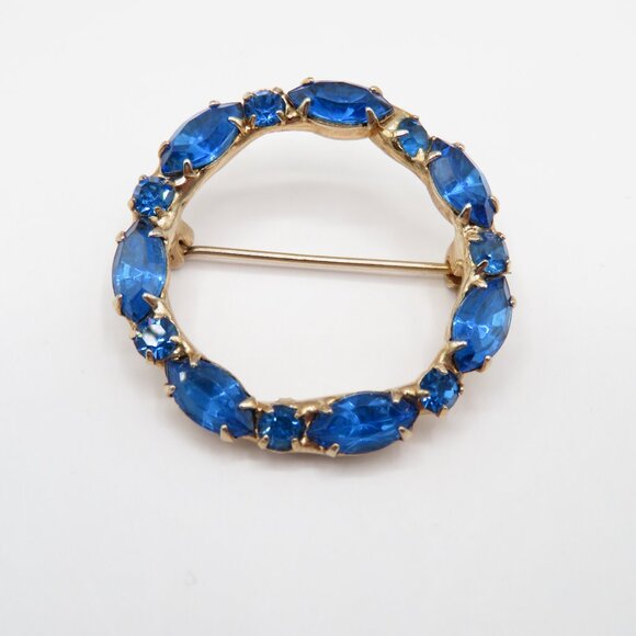 Vintage Blue Round Navette Rhinestones Gold Tone Circle Brooch - Picture 3 of 6